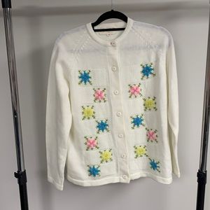 Vintage Jeri-Jo White with Colored Flowers Embroidered Cardigan Size 44